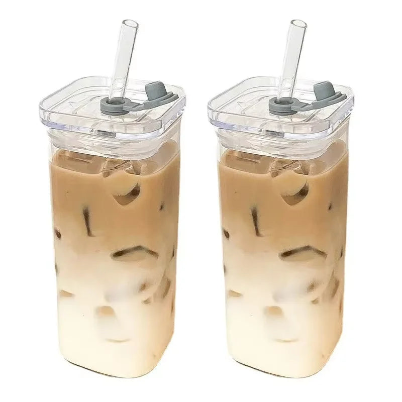 Square Glass Tumbler with Lid & Straw – Heat Resistant Iced Coffee Cup