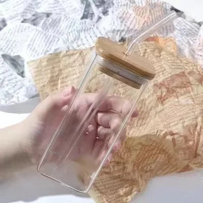Square Glass Tumbler with Lid & Straw – Heat Resistant Iced Coffee Cup