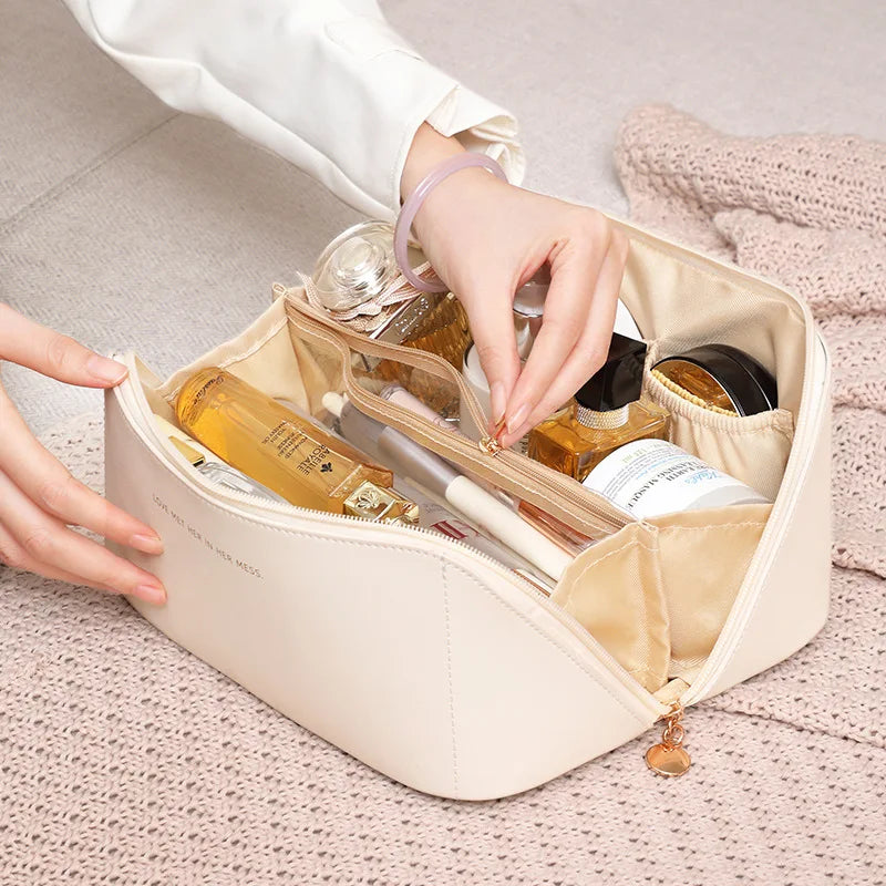 Large-Capacity PU Leather Cosmetic Bag – Travel Makeup Organizer