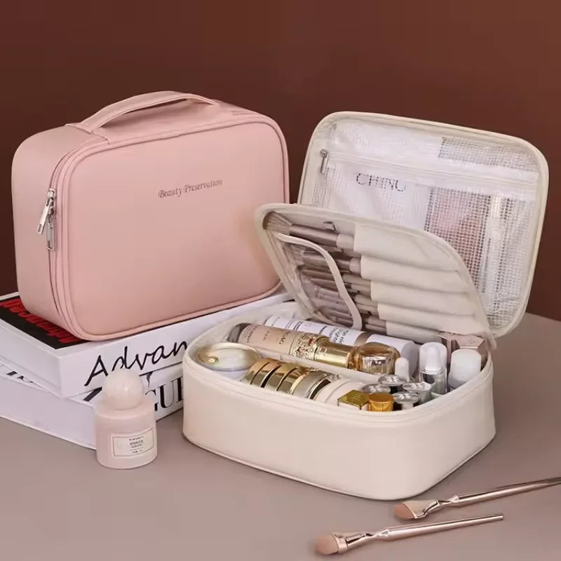 Women's Double-Layer Cosmetic Bag – Large-Capacity PU Leather Makeup Organizer