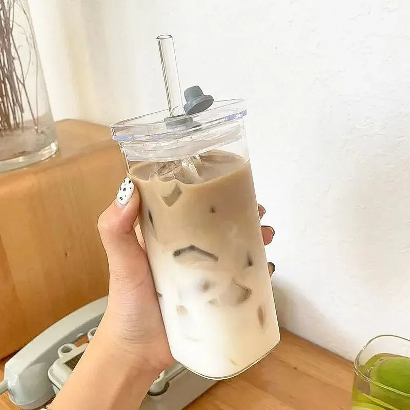 Square Glass Tumbler with Lid & Straw – Heat Resistant Iced Coffee Cup