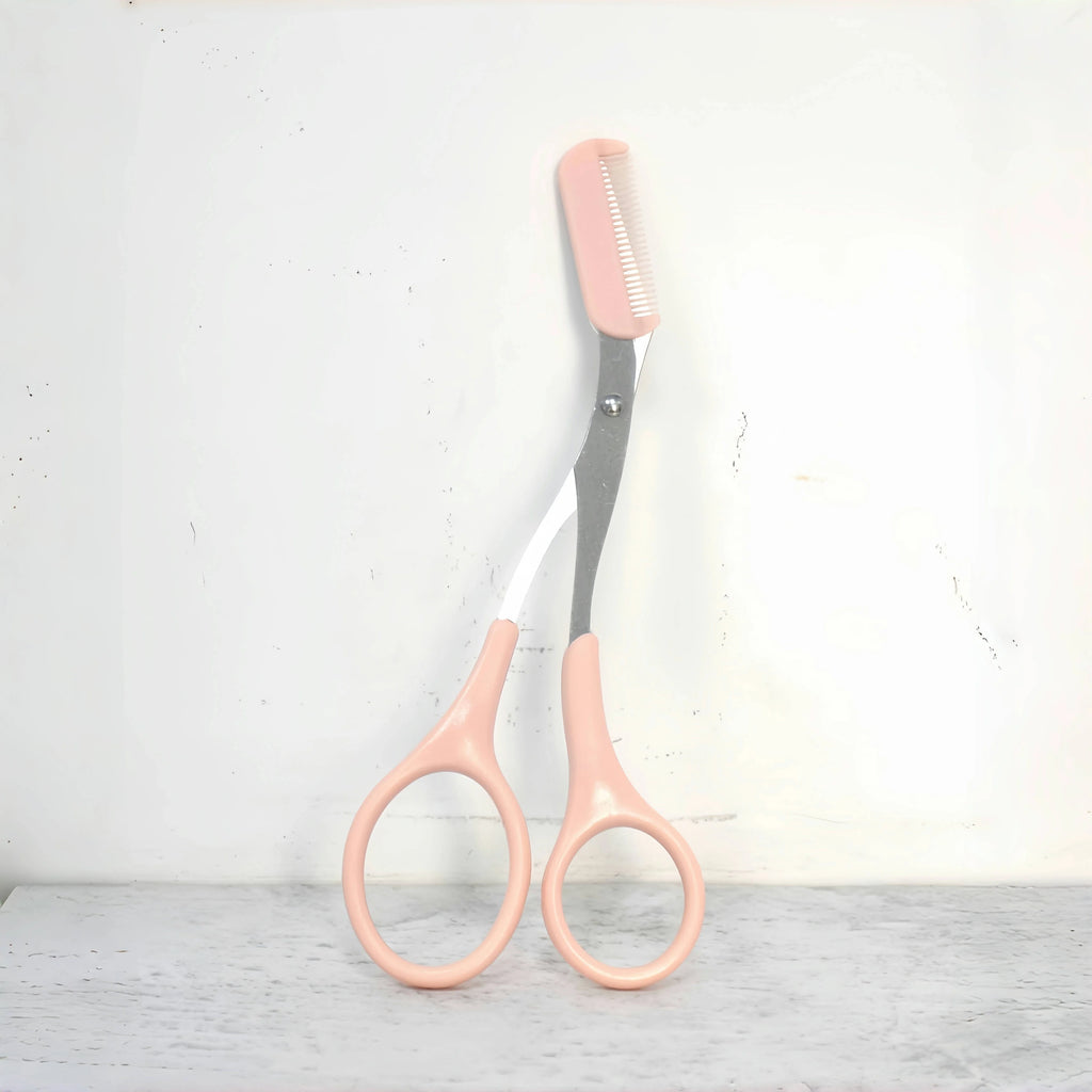 Pink Eyebrow Trimming Scissors with Built-In Comb – Stainless Steel Grooming Tool