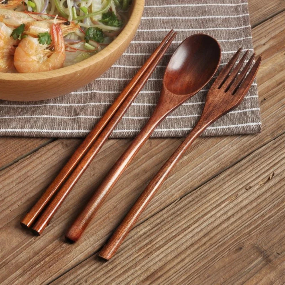 Portable Wooden Cutlery Set Spoon Fork Chopsticks Travel Utensils for Camping Lunch Box