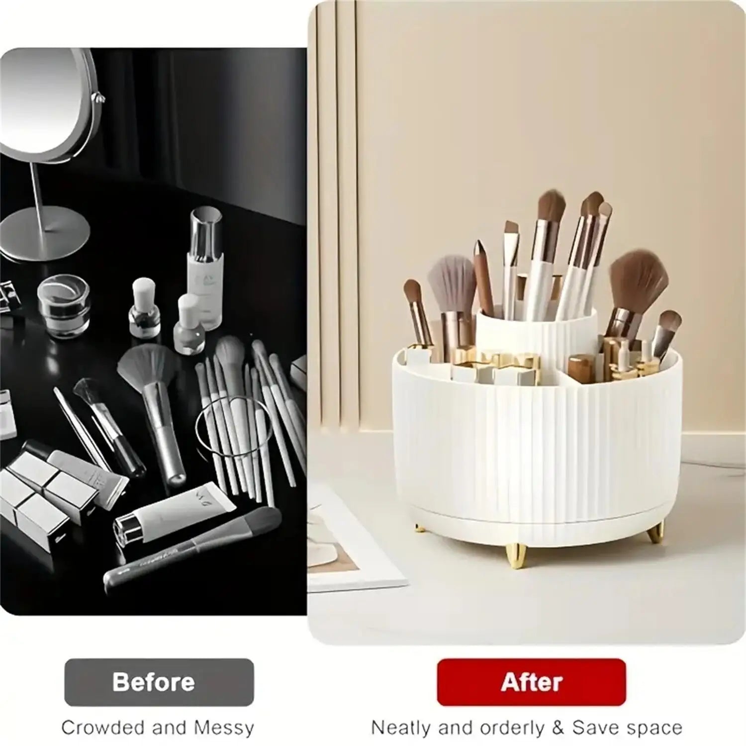 360° Rotating Makeup Organizer – 5-Compartment Cosmetic & Brush Storage