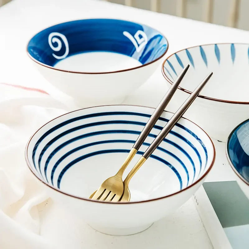 8-Inch Japanese Ramen Bowl – Ceramic Noodle Bowl, Microwave Safe, Blue Under-Glaze Design, 1.2L