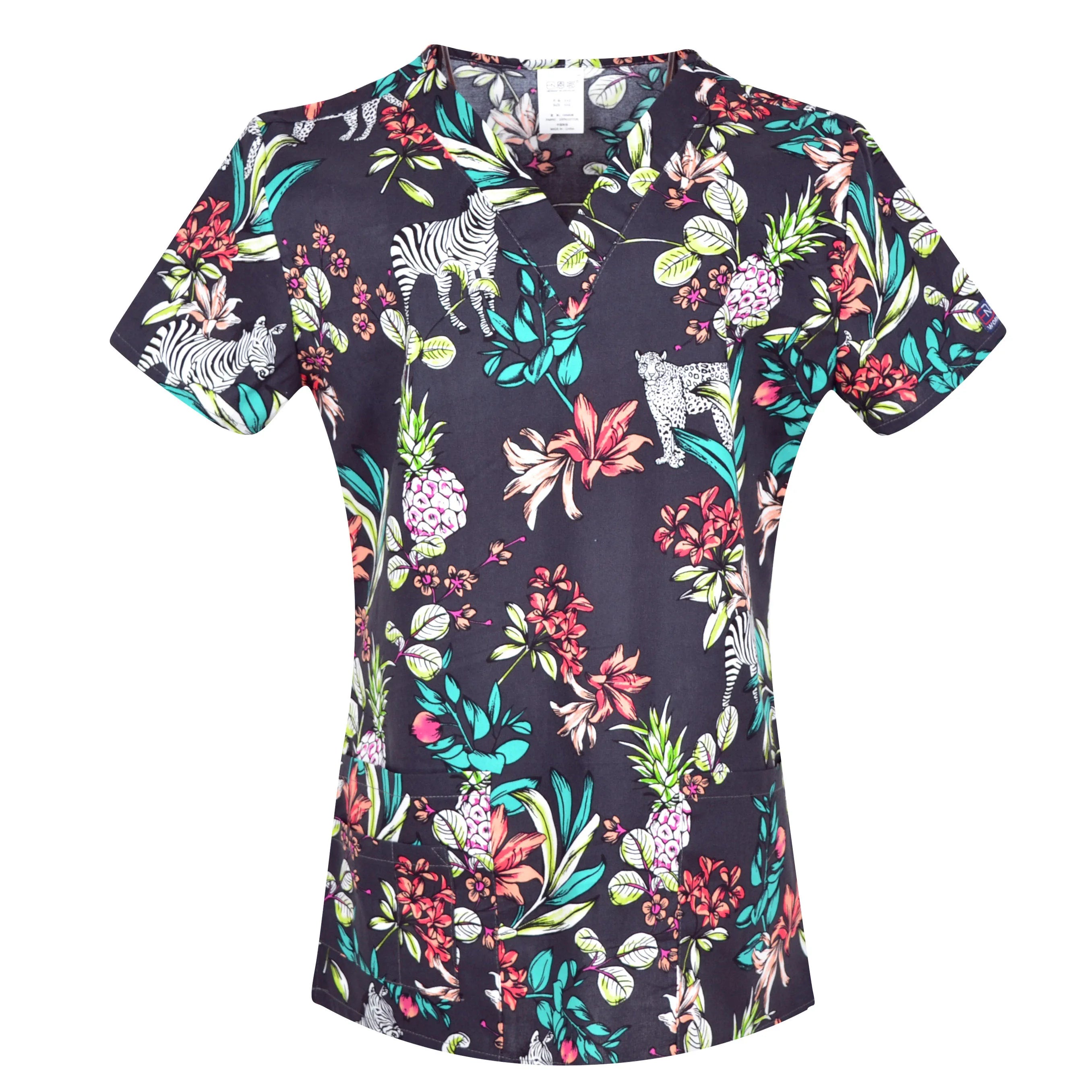 Women’s Printed V-Neck Scrub Top with Pockets – Multiple Designs