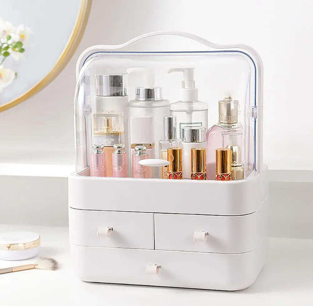 Waterproof Cosmetic Organizer with Lid & Drawers – Dustproof Makeup Storage Box