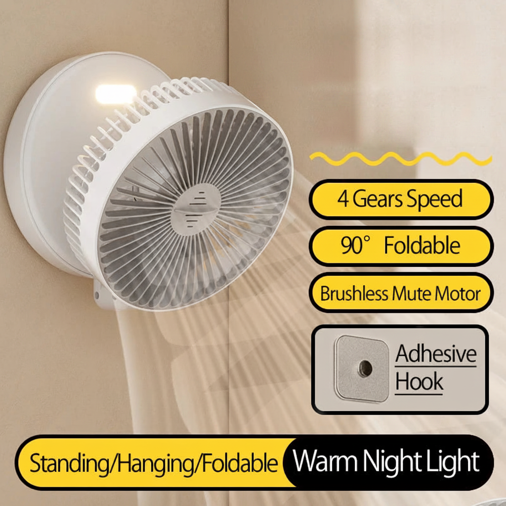 Rechargeable 3-in-1 Portable Fan – Wall Mounted, Folding, Desktop, 4 Speed Gears