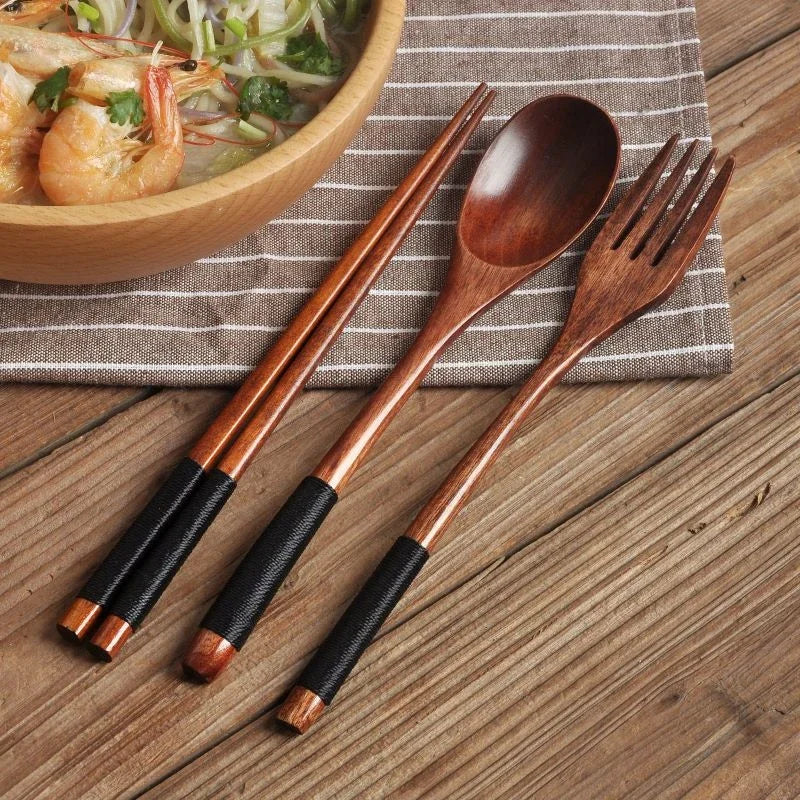 Portable Wooden Cutlery Set Spoon Fork Chopsticks Travel Utensils for Camping Lunch Box