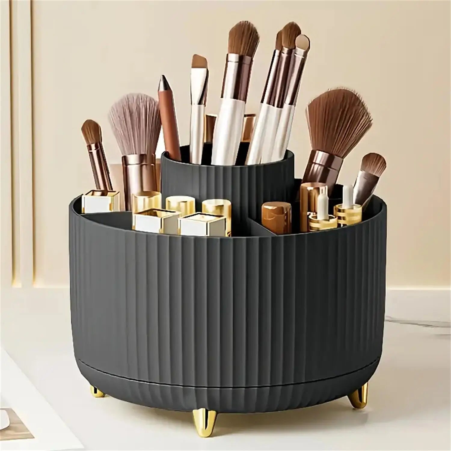 360° Rotating Makeup Organizer – 5-Compartment Cosmetic & Brush Storage