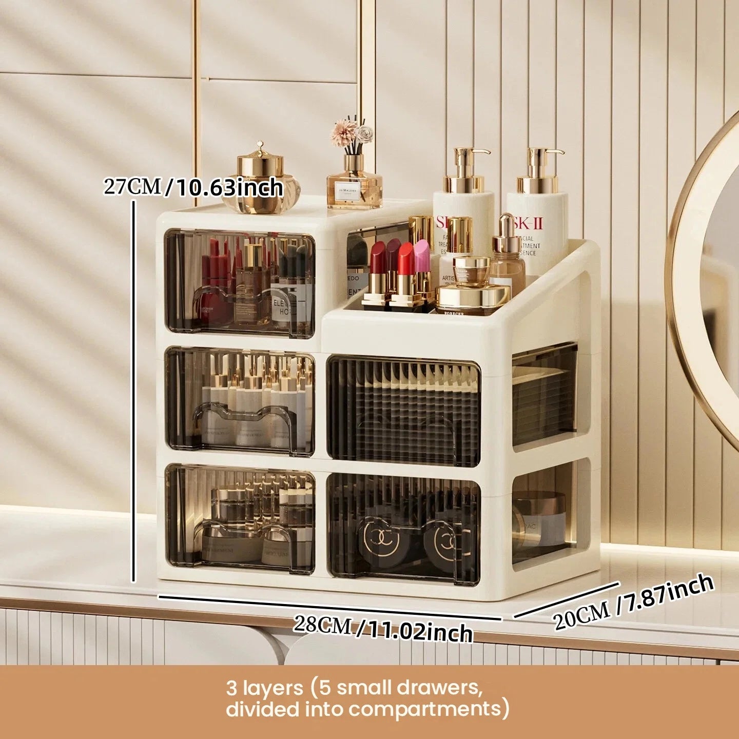 Luxury Makeup Organizer with Drawers – Cosmetic & Skincare Storage Box for Vanity