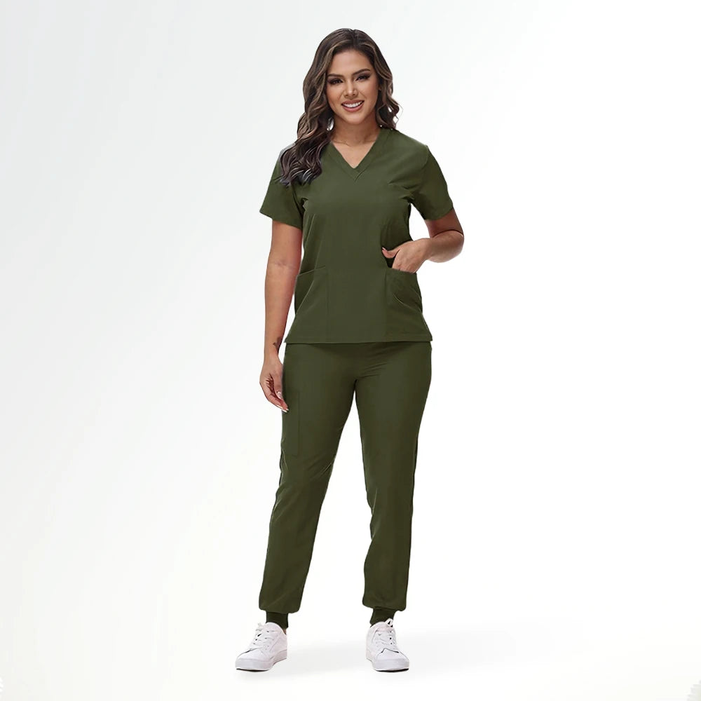 Women's Stretch Medical Scrub Set – Quick-Dry V-Neck,Stylish jogger, Patch pockets,Nursing Uniform