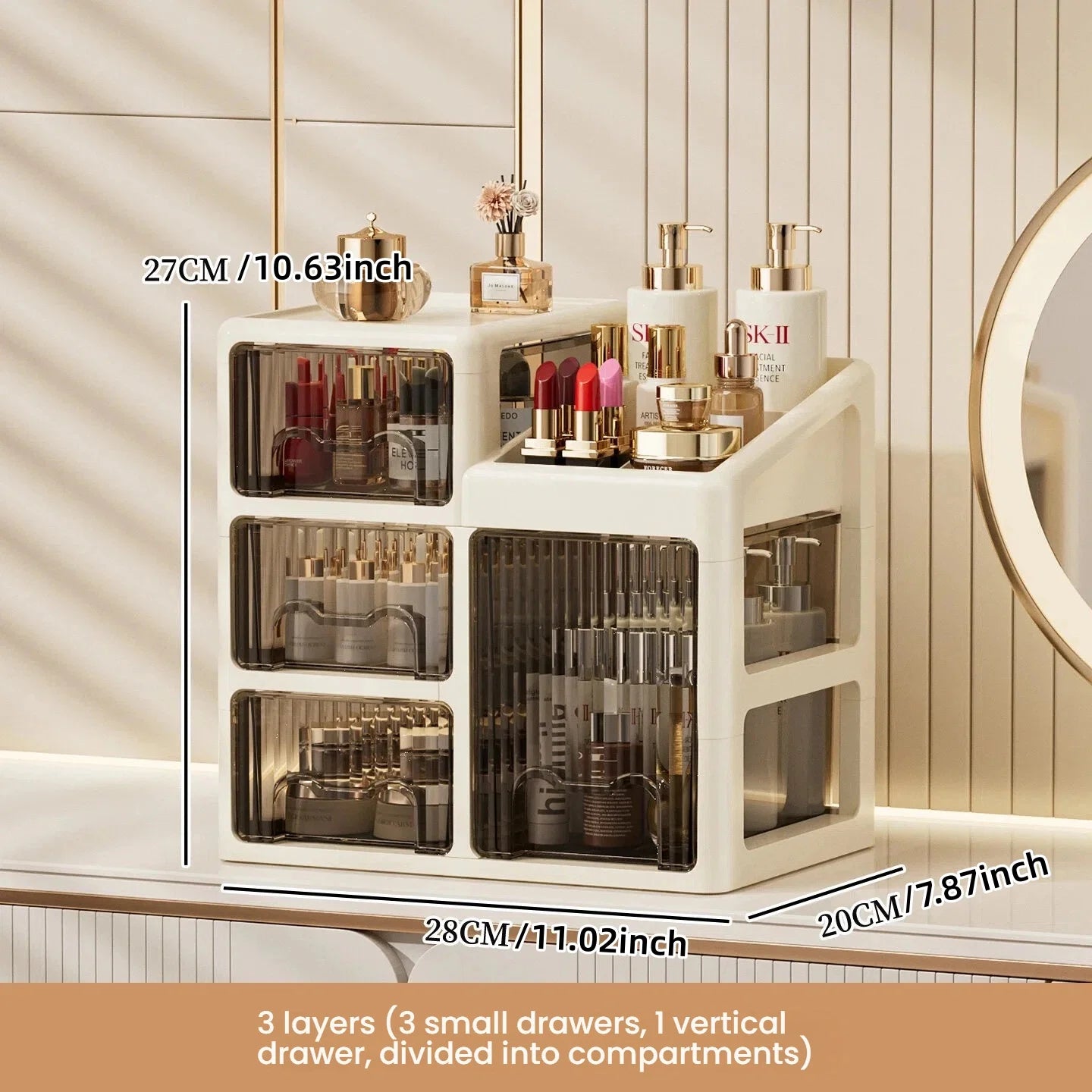Luxury Makeup Organizer with Drawers – Cosmetic & Skincare Storage Box for Vanity