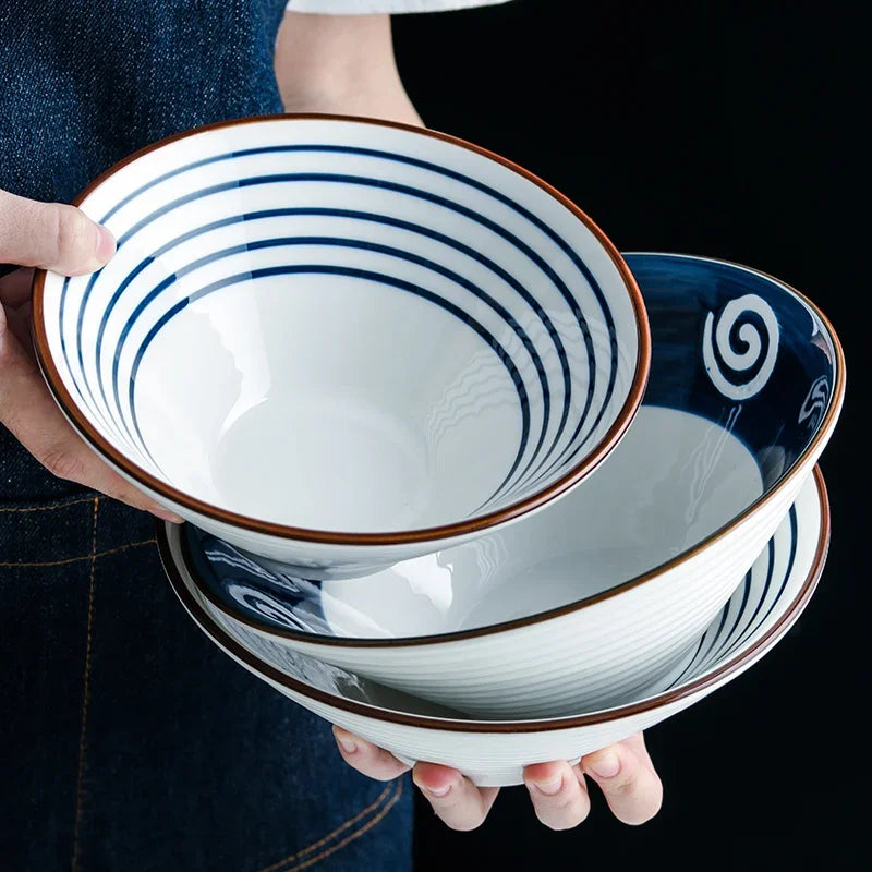 8-Inch Japanese Ramen Bowl – Ceramic Noodle Bowl, Microwave Safe, Blue Under-Glaze Design, 1.2L