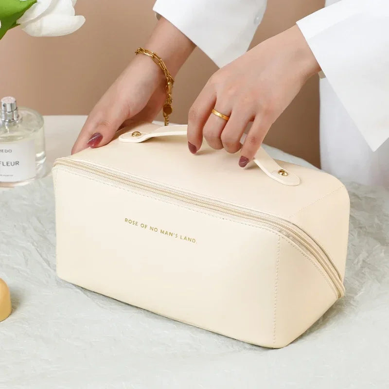 Large-Capacity PU Leather Cosmetic Bag – Travel Makeup Organizer