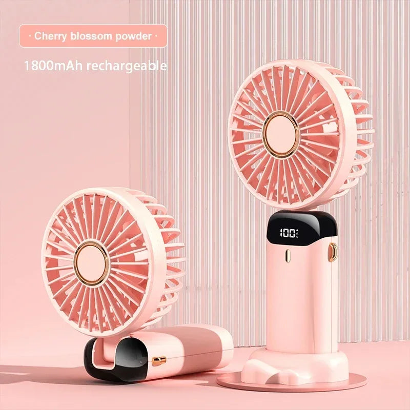 Portable Handheld Mini Fan – USB Rechargeable with Phone Stand & Display Screen