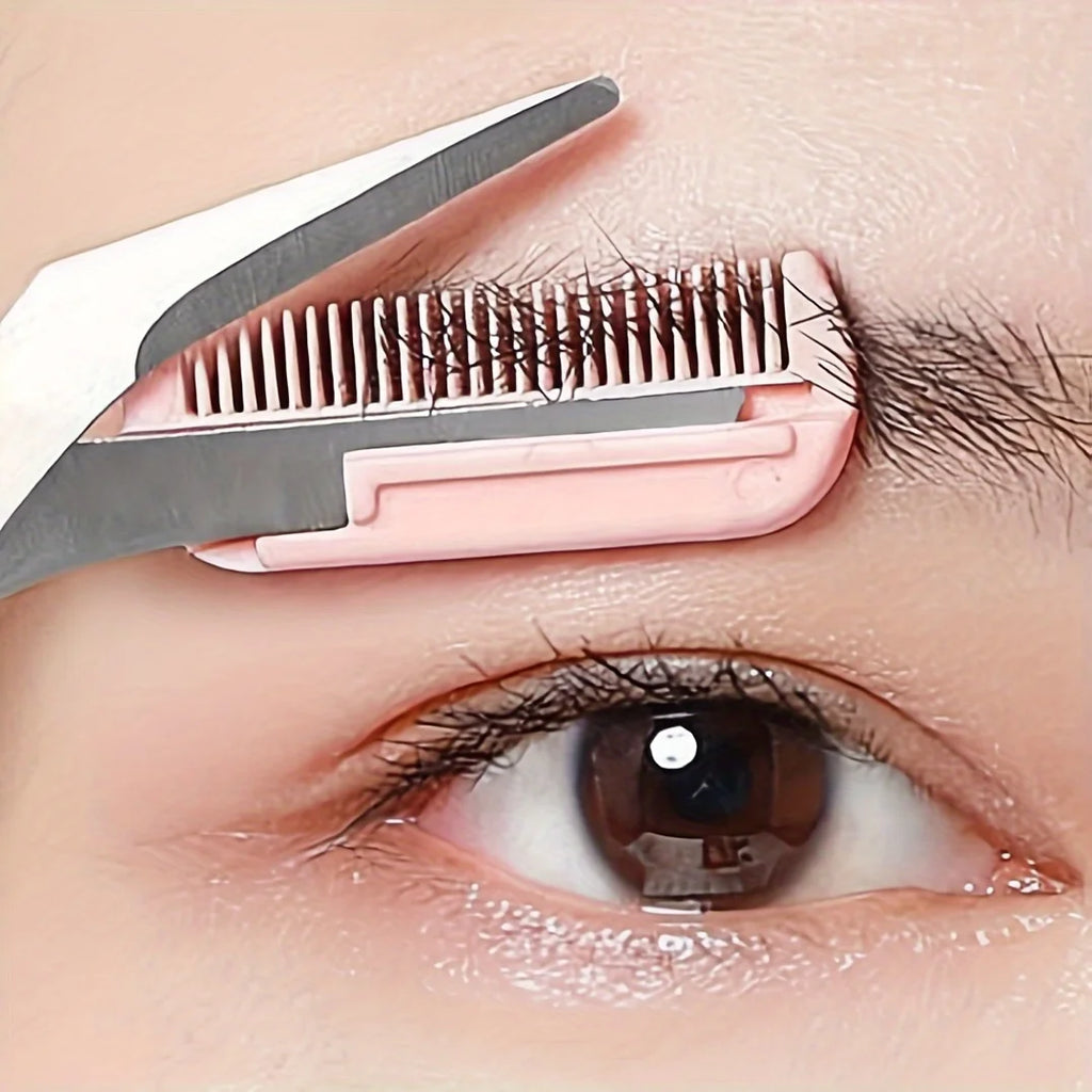 Pink Eyebrow Trimming Scissors with Built-In Comb – Stainless Steel Grooming Tool
