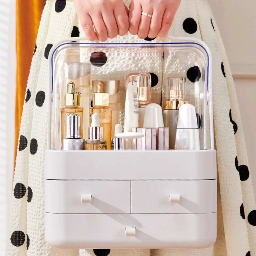 Waterproof Cosmetic Organizer with Lid & Drawers – Dustproof Makeup Storage Box