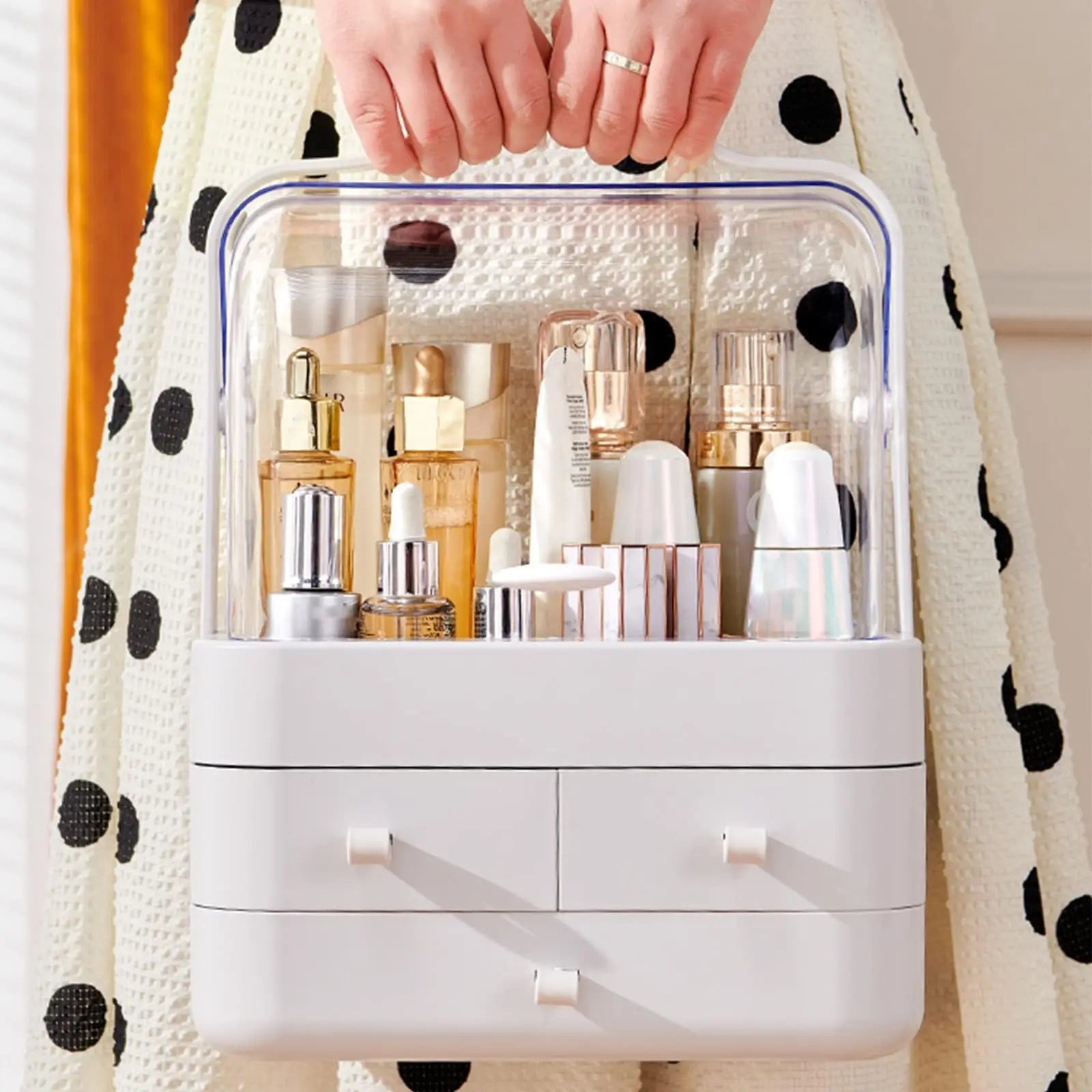Waterproof Cosmetic Organizer with Lid & Drawers – Dustproof Makeup Storage Box