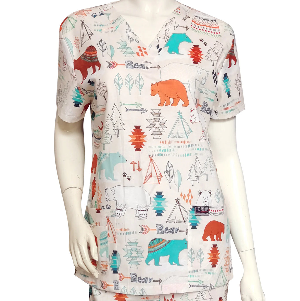 Women’s Printed V-Neck Scrub Top with Pockets – Multiple Designs