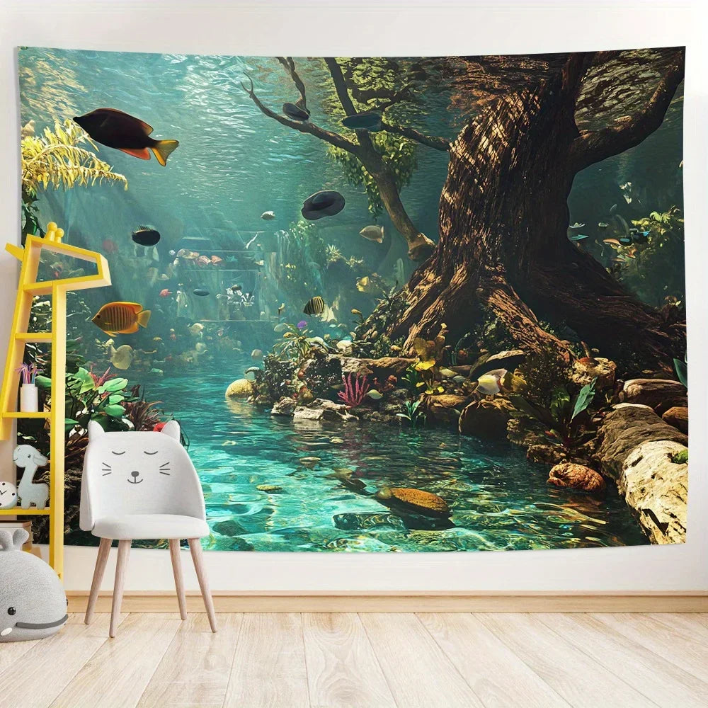 Aquarium Wall Tapestry – Polyester Fiber Underwater Wall Decor for Bedroom & Dorm