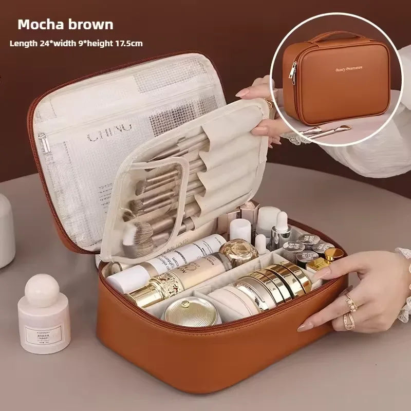Women's Double-Layer Cosmetic Bag – Large-Capacity PU Leather Makeup Organizer