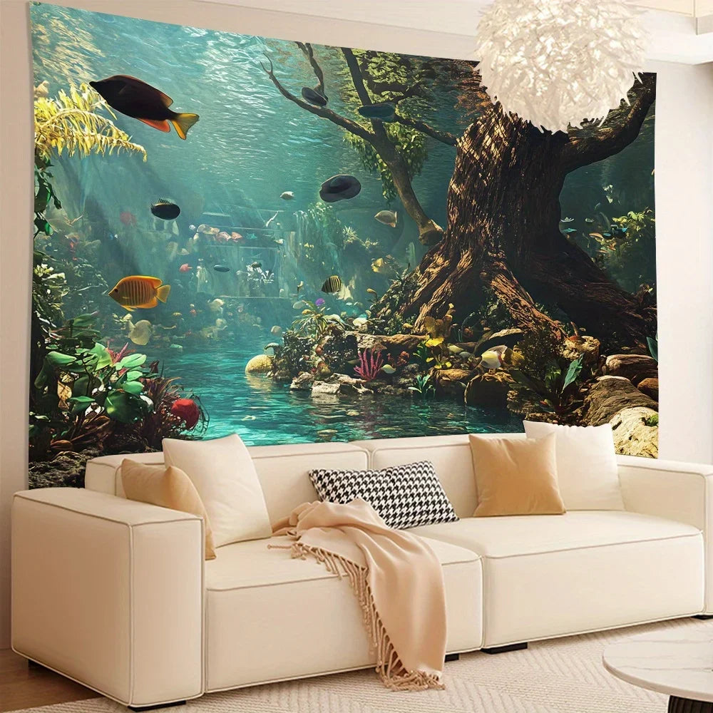 Aquarium Wall Tapestry – Polyester Fiber Underwater Wall Decor for Bedroom & Dorm