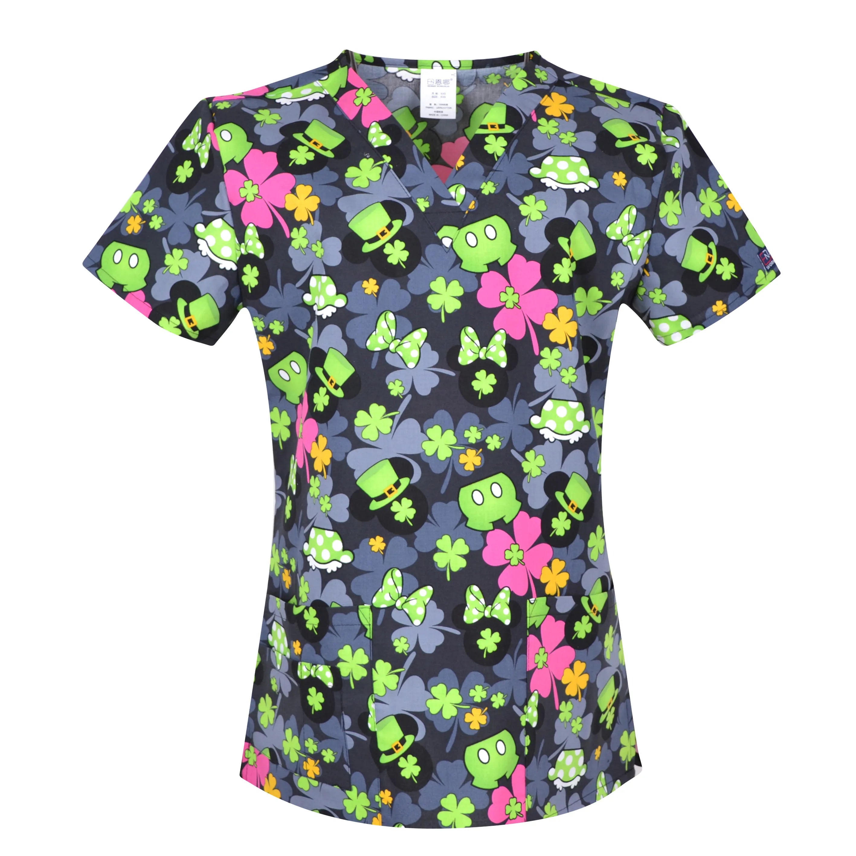 Women’s Printed V-Neck Scrub Top with Pockets – Multiple Designs