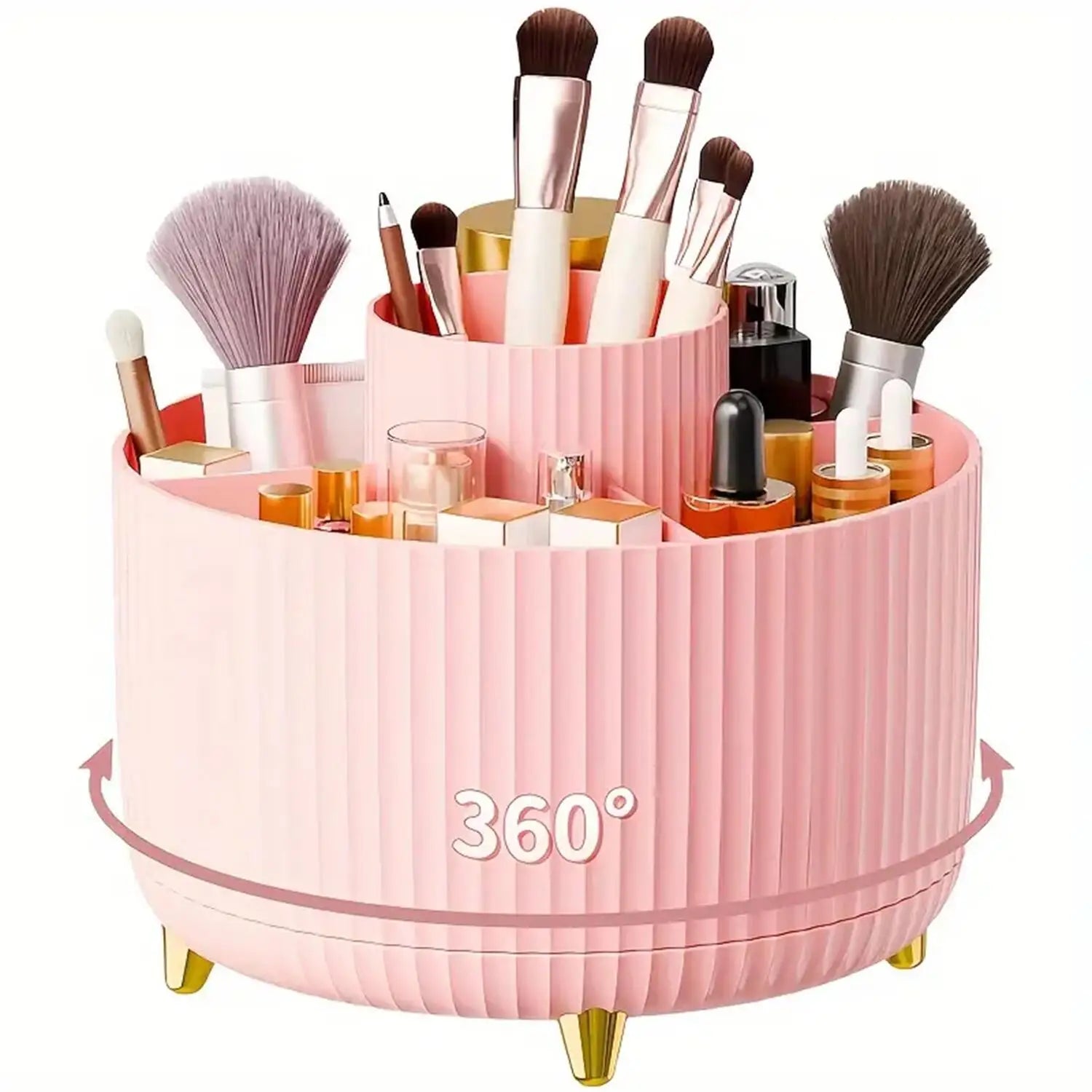 360° Rotating Makeup Organizer – 5-Compartment Cosmetic & Brush Storage