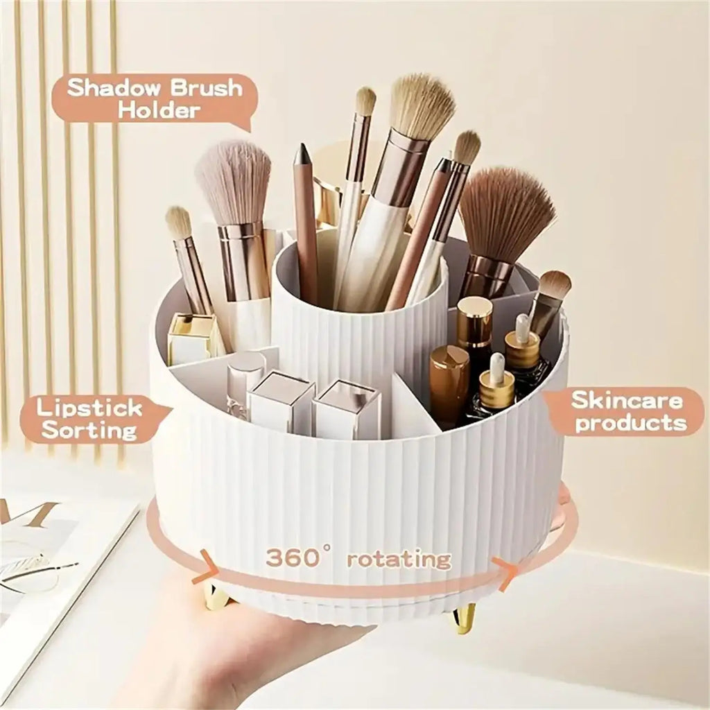 360° Rotating Makeup Organizer – 5-Compartment Cosmetic & Brush Storage