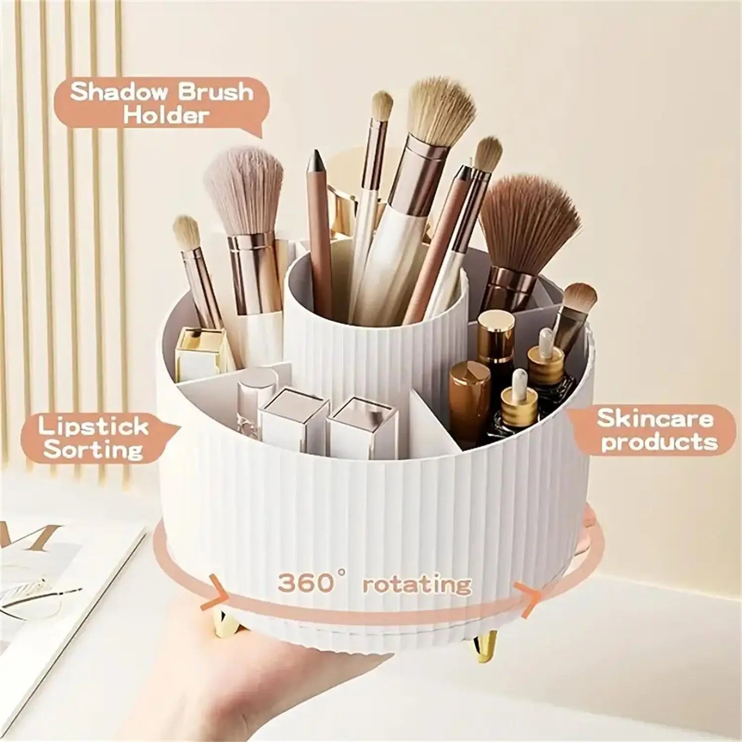 360° Rotating Makeup Organizer – 5-Compartment Cosmetic & Brush Storage
